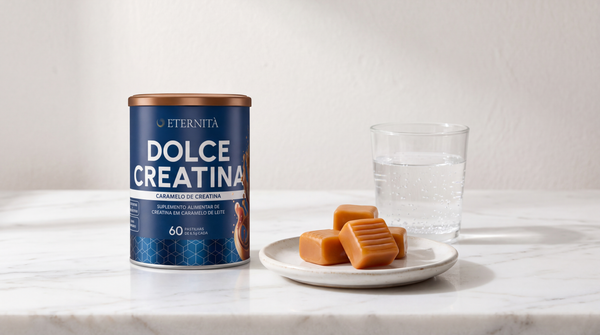 Rotina diária com Dolce Creatina Eternità: lata, caramelos no pratinho e copo de água sobre mármore