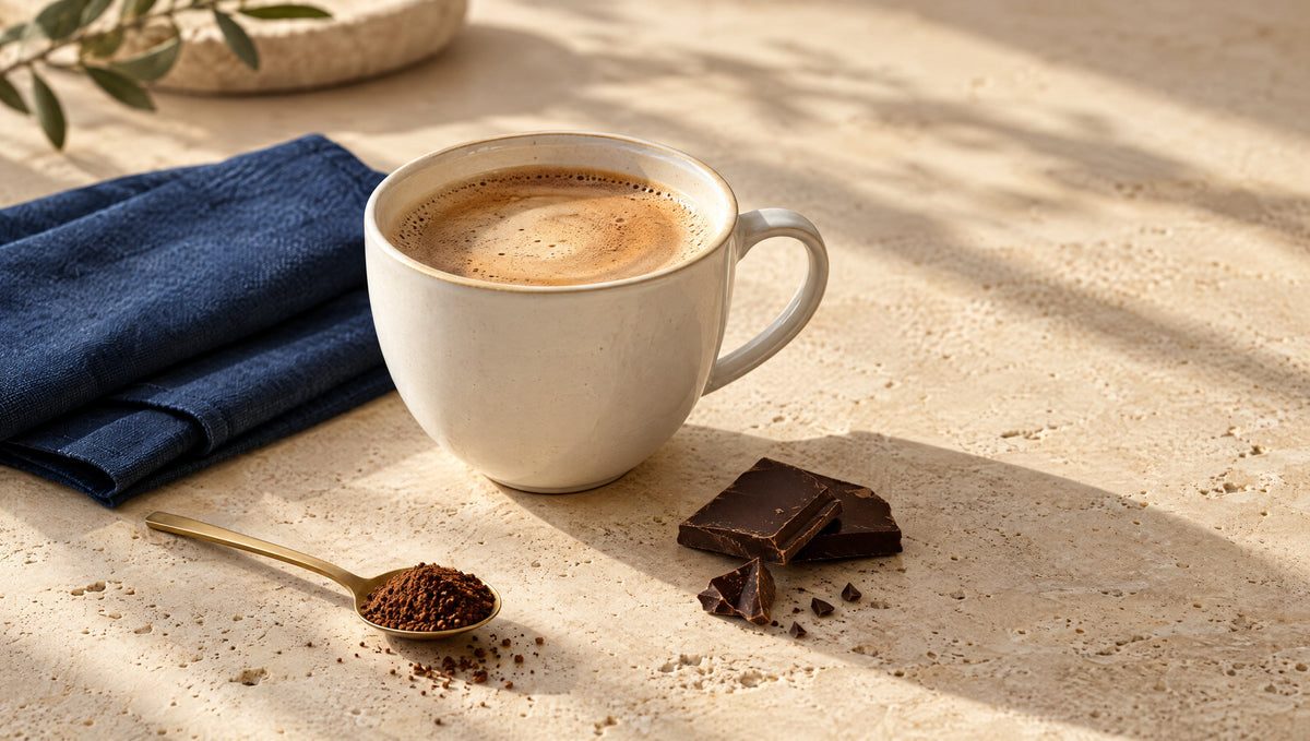 Ilustração editorial de uma xícara de café, uma colher com café solúvel e pedaços de chocolate amargo; não representa um produto preparado