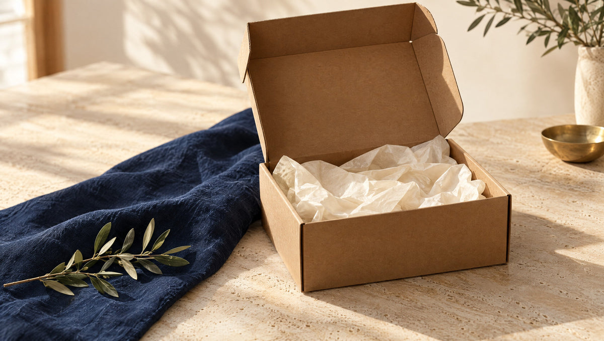 Ilustração editorial de uma caixa de papelão aberta, sem impressão, com papel de seda, ao lado de um pano azul-marinho e um ramo de oliveira