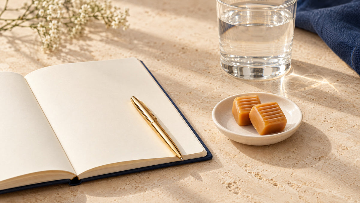 Ilustração editorial de um caderno aberto em branco com caneta dourada, um copo de água e dois caramelos num pratinho branco