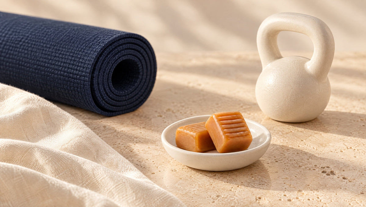 Ilustração editorial de um tapete de exercício azul-marinho enrolado, um kettlebell claro e dois caramelos num pratinho branco