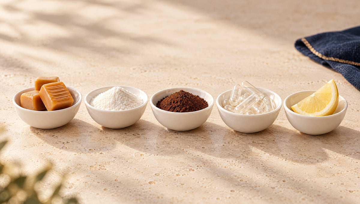 Ilustração de cinco tigelinhas em fila, com caramelos, pó branco, pó marrom, cápsulas vazias e limão; não representa a composição de um produto