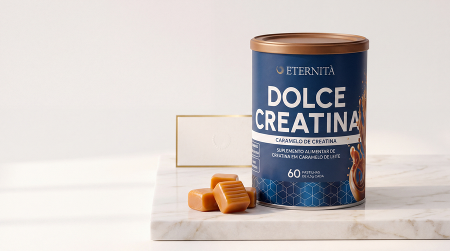 Lata de Dolce Creatina Caramelo da Eternità sobre mármore branco com caramelos de leite ao lado