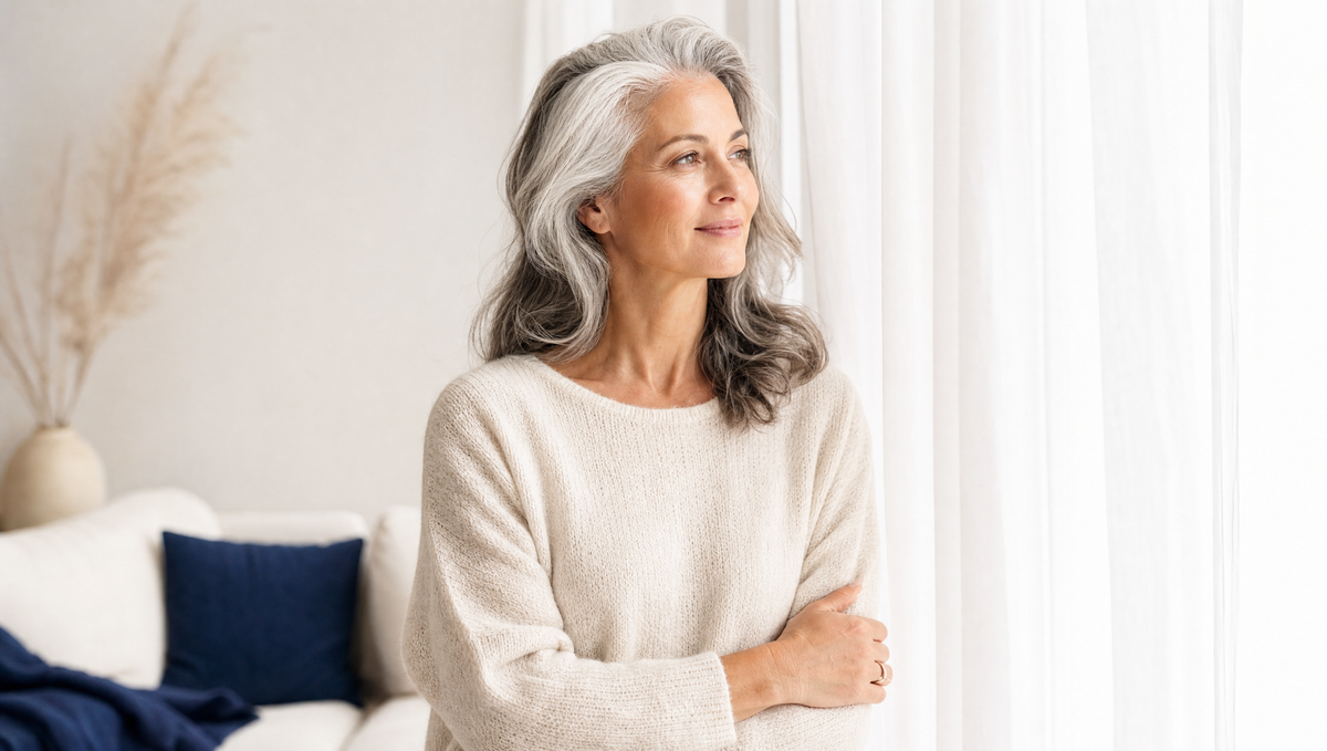 Mulher madura serena à janela com luz natural — bem-estar na menopausa