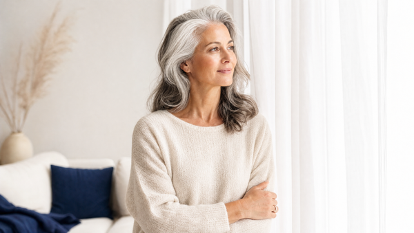 Mulher madura serena à janela com luz natural — bem-estar na menopausa