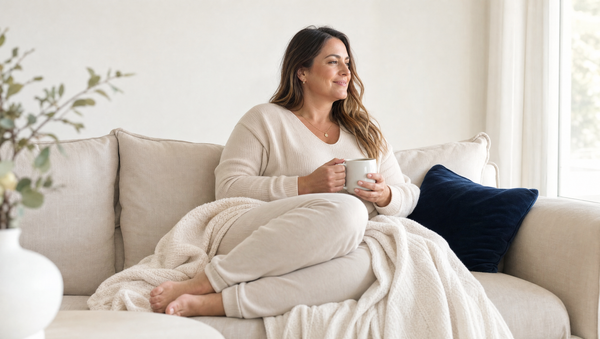 Mulher acolhida no sofá com manta e chá — cuidado e bem-estar com lipedema