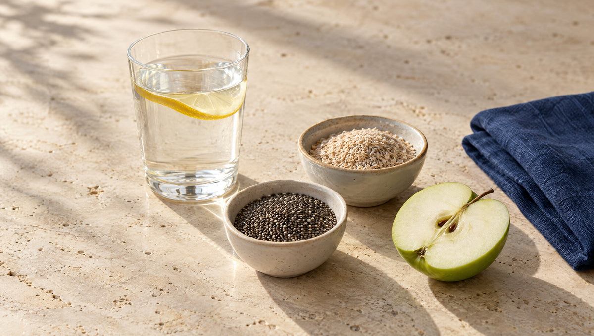 Ilustração de um copo de água com limão, tigelas de chia e de farelo de aveia e meia maçã verde; não representa a composição de um suplemento