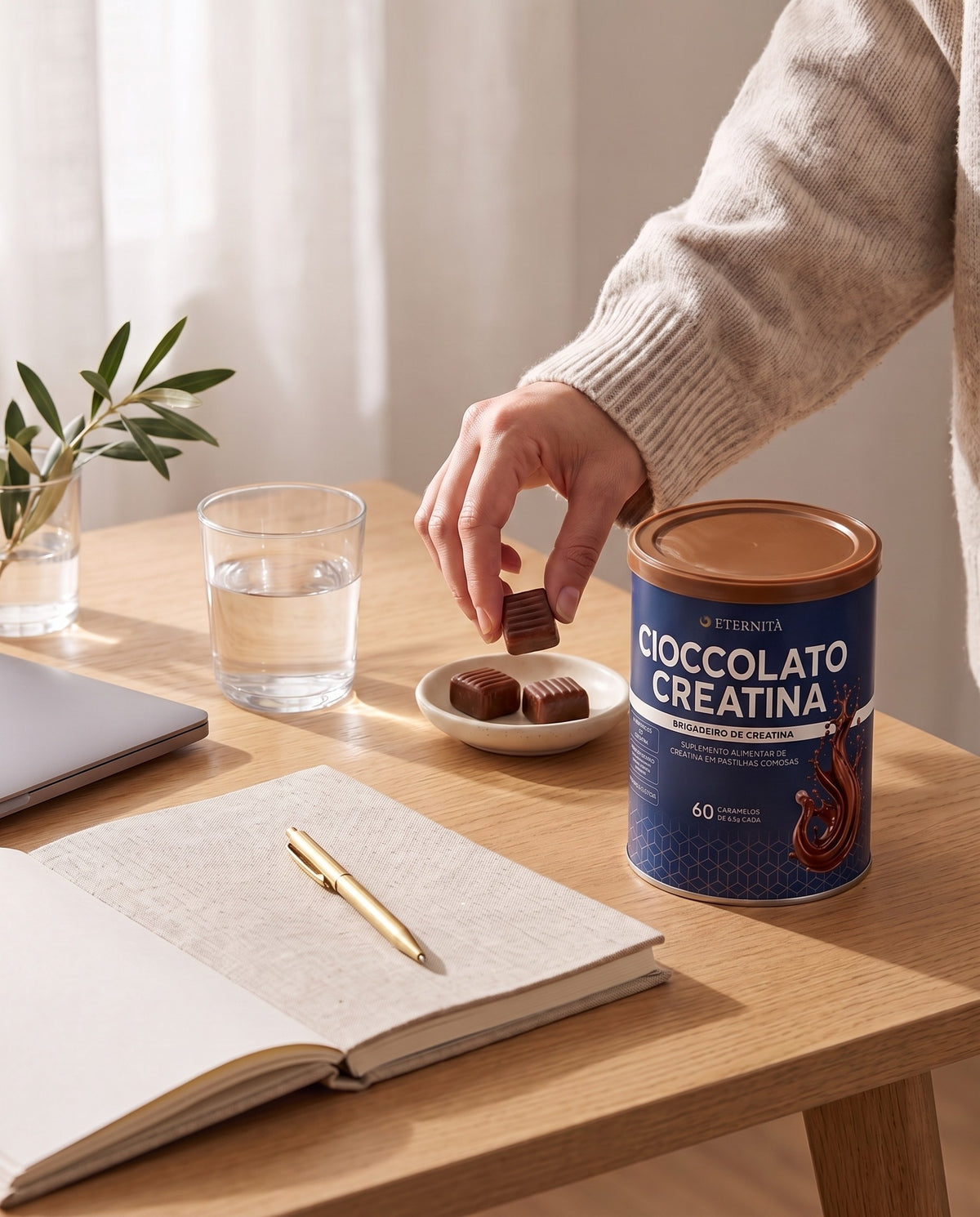 Mão pega um caramelo de chocolate num pires ao lado da lata de Cioccolato Creatina, numa mesa de trabalho de madeira com caderno aberto