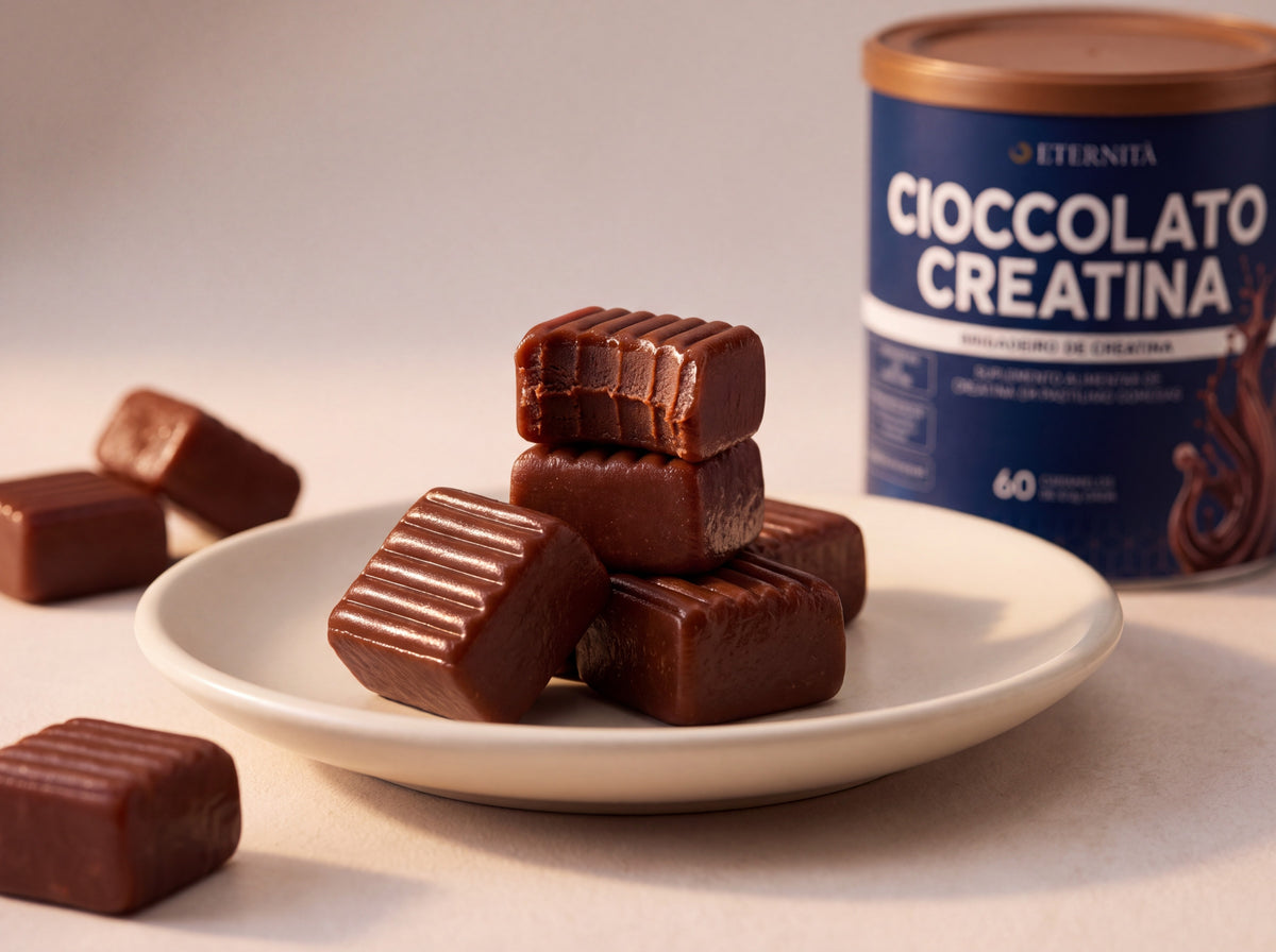 Caramelos sabor brigadeiro empilhados num prato de cerâmica, o de cima mordido, com a lata de Cioccolato Creatina ao fundo