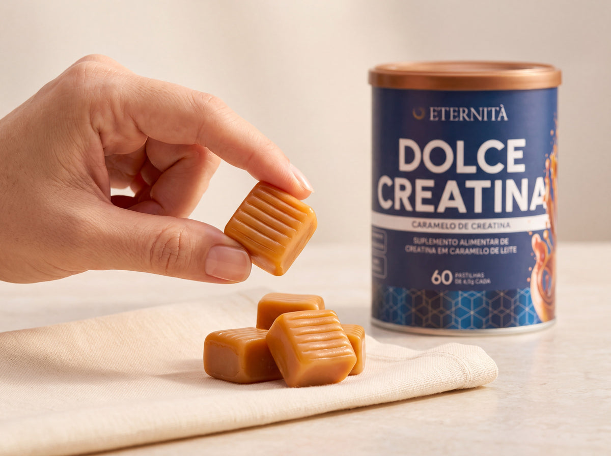Dedos seguram um caramelo de leite da Dolce Creatina, com outros caramelos sobre um guardanapo de linho e a lata ao fundo