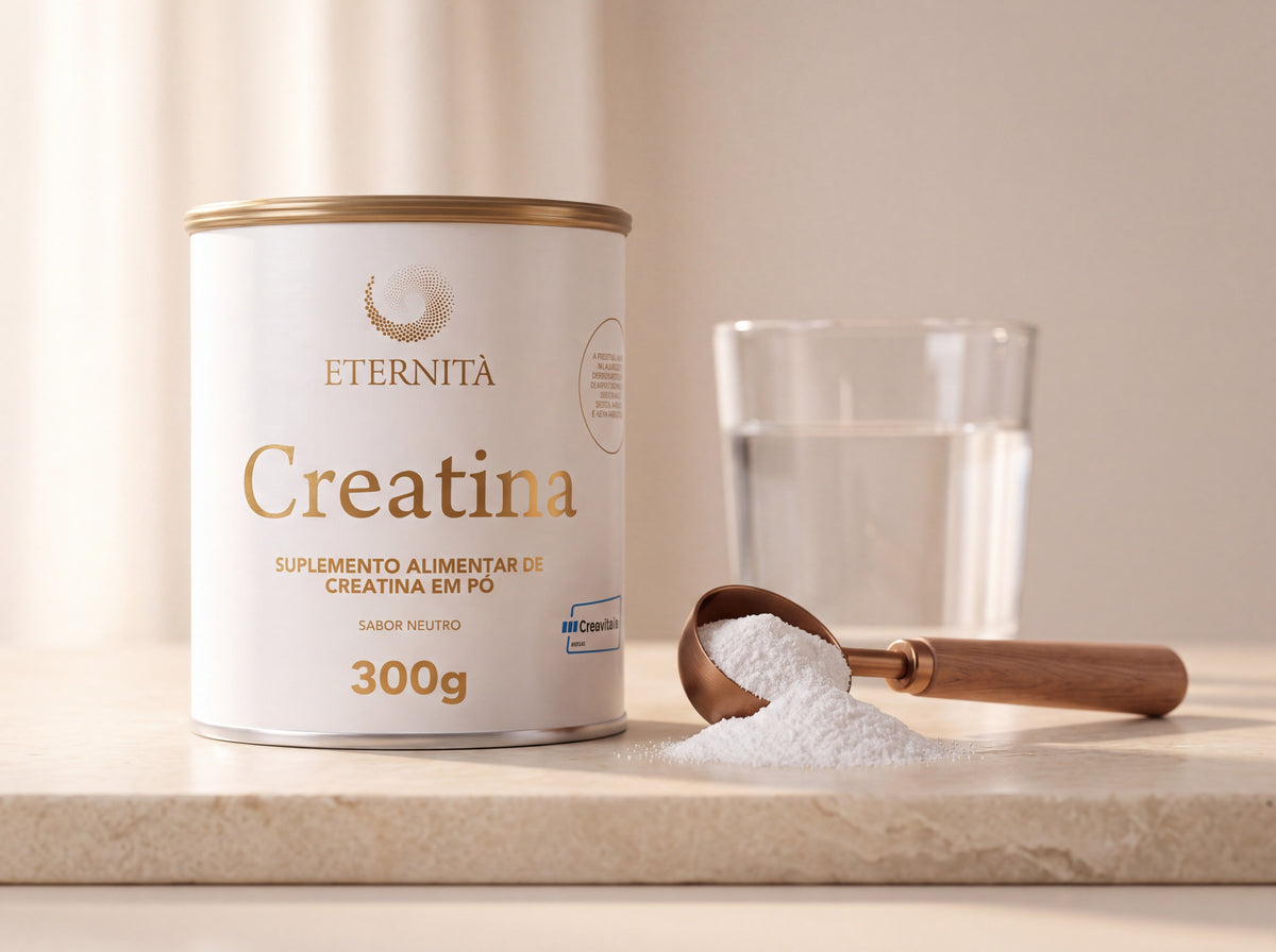 Lata branca de Ímpeto Creatina Creavitalis® com um dosador de cobre cheio de pó e um copo de água ao fundo