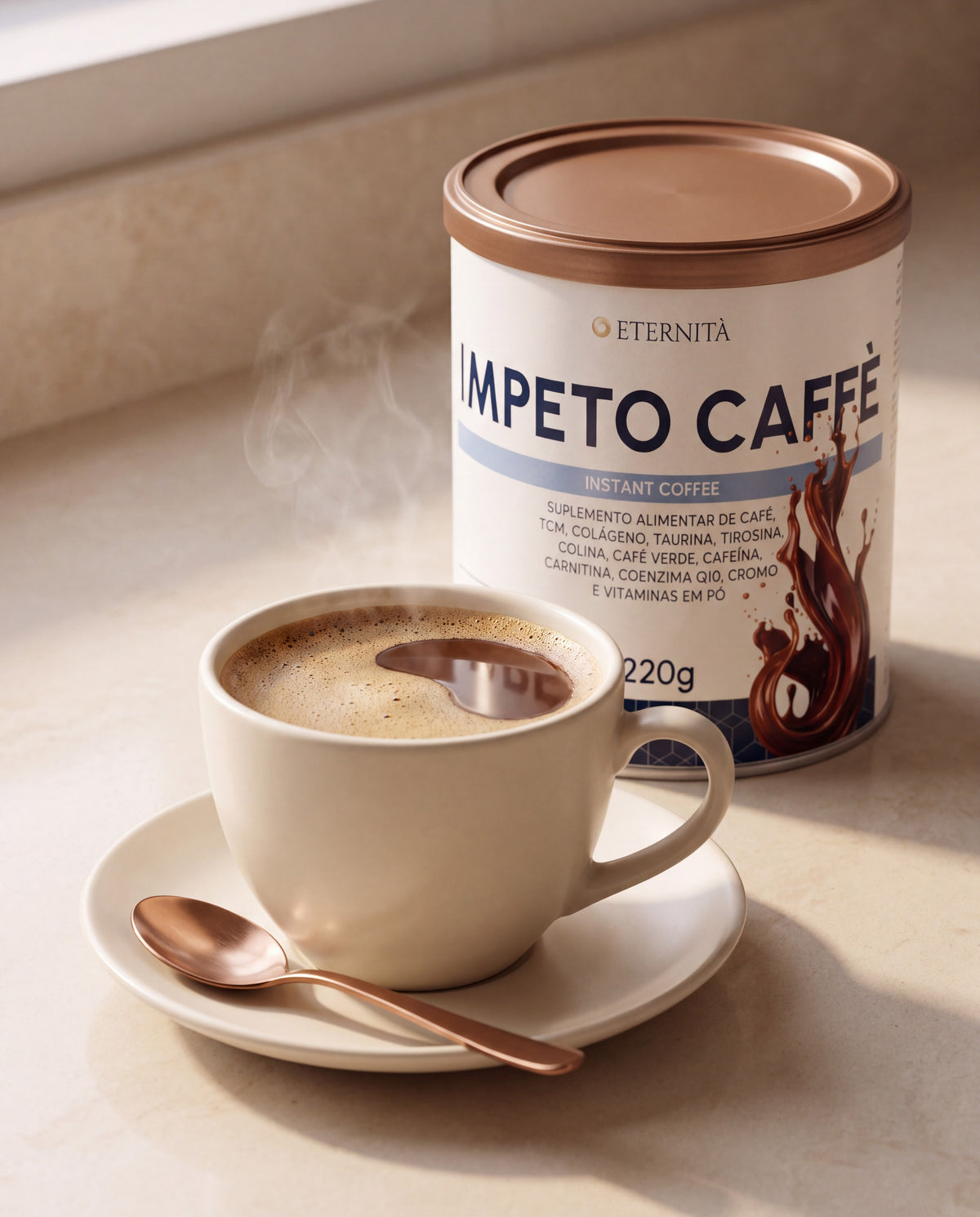 Xícara de Ímpeto Caffè preparado, com espuma clara, ao lado da lata de Ímpeto Caffè sabor chocolate belga