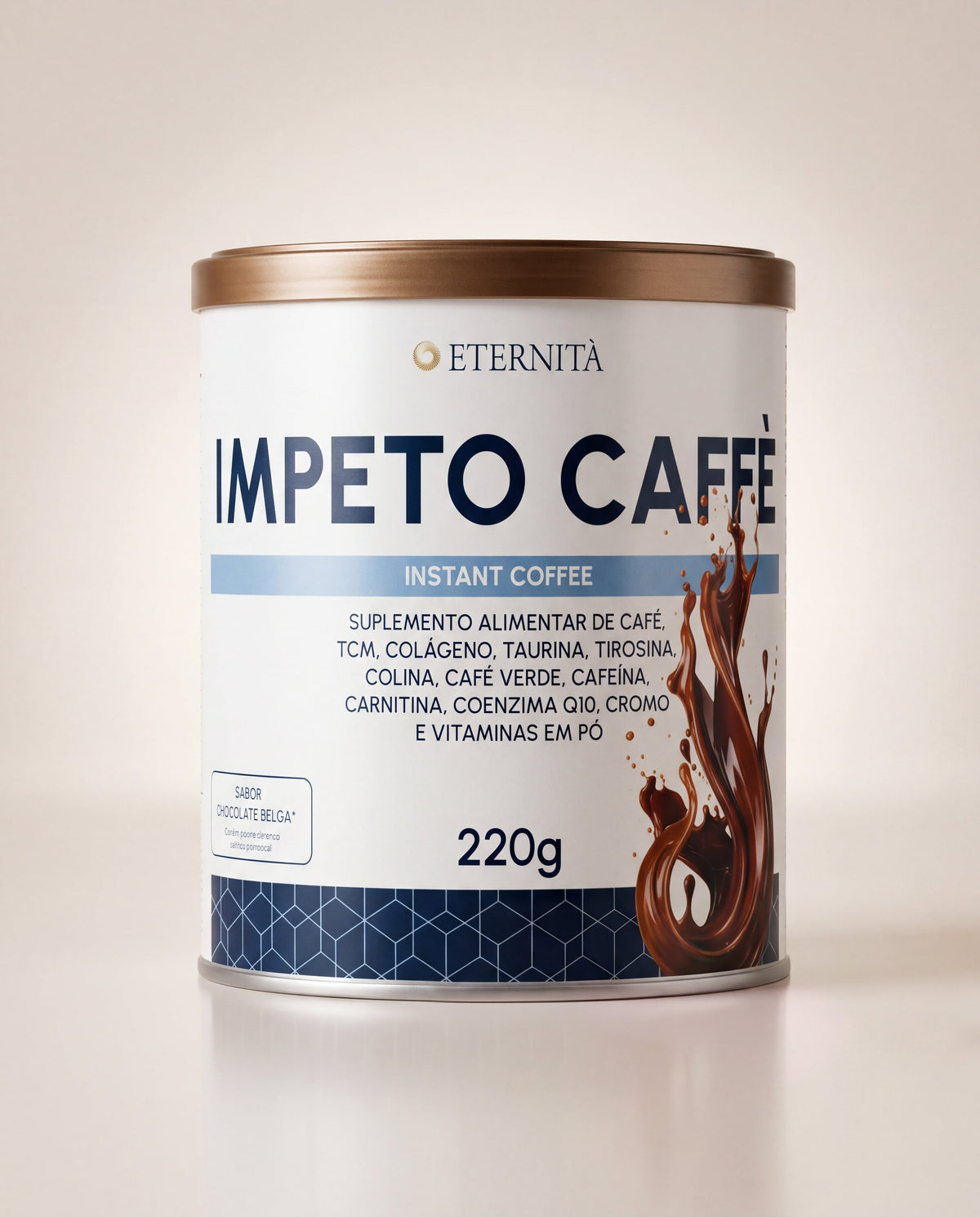 Lata de Ímpeto Caffè, café instantâneo em pó sabor chocolate belga, 220 g