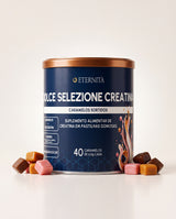 Dolce Selezione Creatina da Eternità: lata azul-marinho com 40 caramelos mastigáveis de creatina em sabores sortidos
