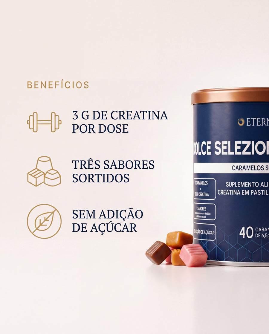 Benefícios da Dolce Selezione Creatina: 3 g de creatina por dose, três sabores sortidos e sem adição de açúcar