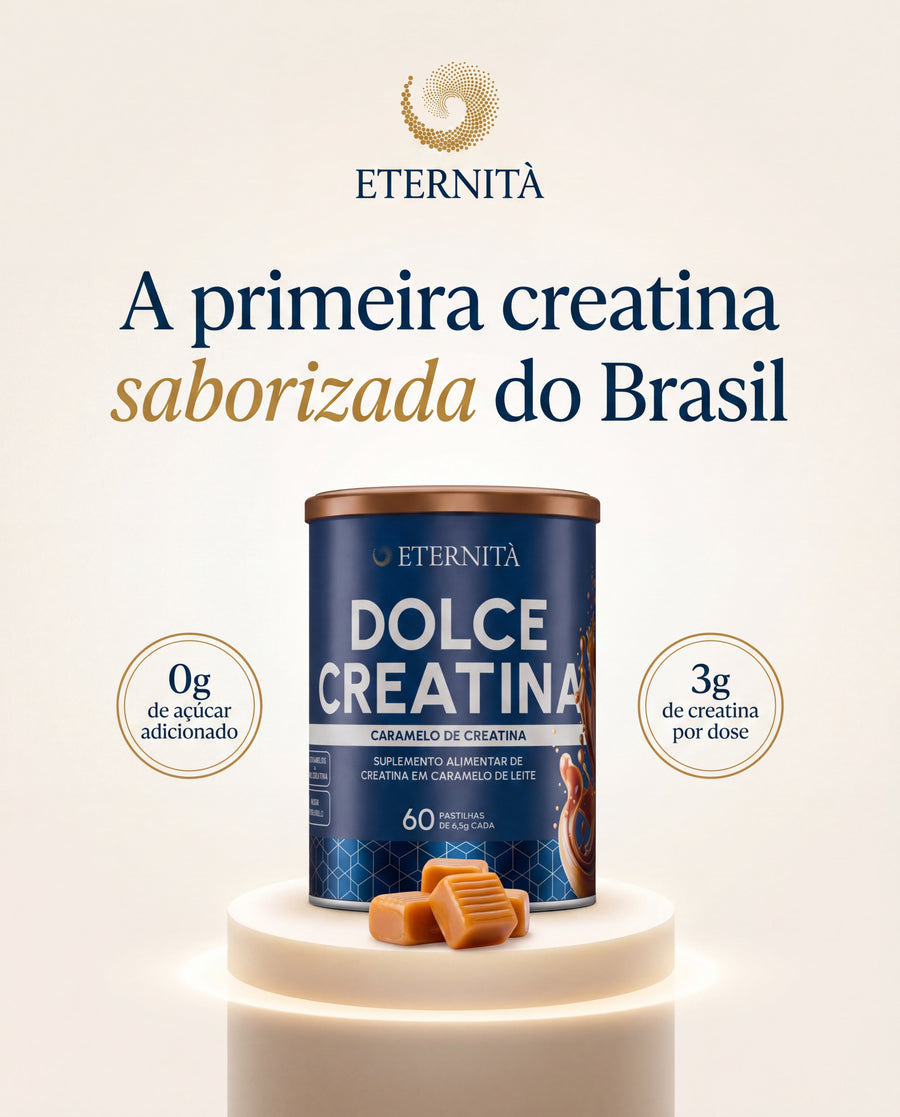 A primeira creatina saborizada do Brasil — Dolce Creatina sabor Caramelo, lata com selo Eternità
