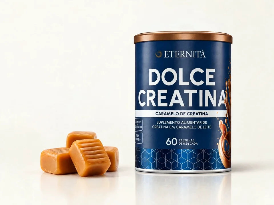 Lata de Dolce Creatina · Caramelo da Eternità ao lado de quatro caramelos de creatina