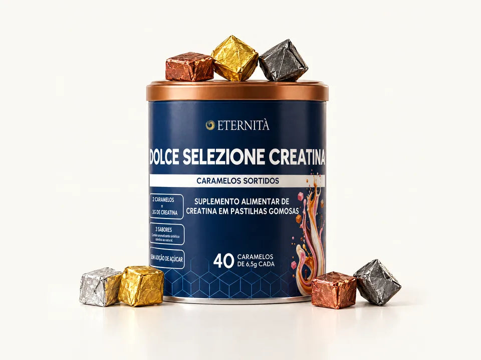 Lata da Dolce Selezione Creatina da Eternità com caramelos embrulhados em papel metalizado cobre, dourado, prateado e grafite, três sobre a tampa e quatro ao redor