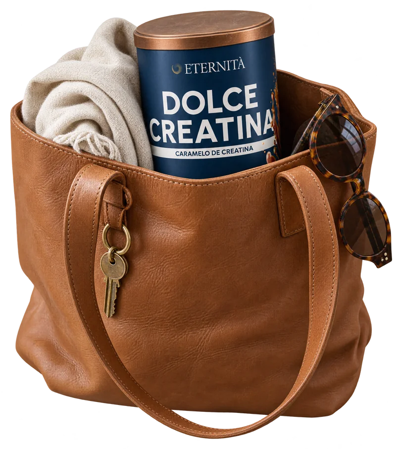 Lata de Dolce Creatina dentro de uma bolsa de couro caramelo, com lenço de linho, óculos de sol e chaveiro