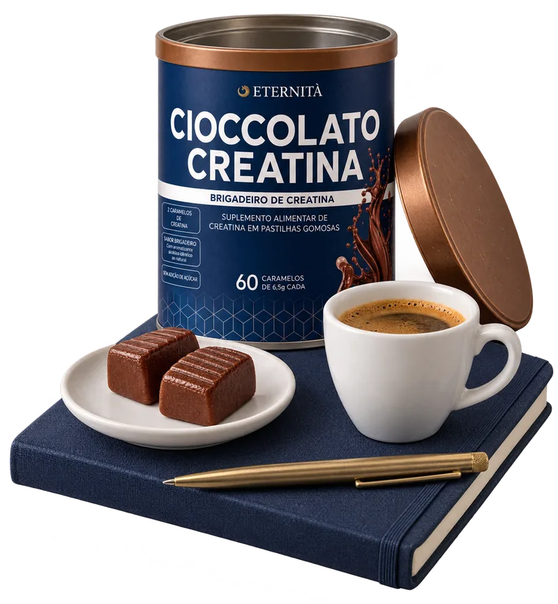 Lata aberta de Cioccolato Creatina sobre um caderno azul, com dois caramelos de brigadeiro num pires e uma xícara de café