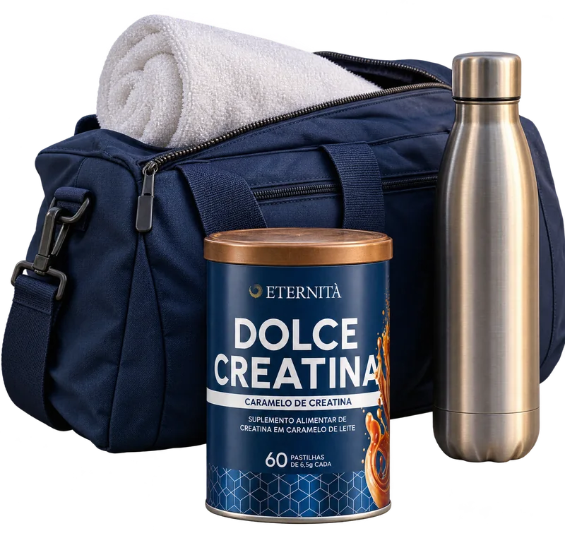 Lata de Dolce Creatina em frente a uma bolsa de treino azul, com toalha branca e garrafa de água de inox